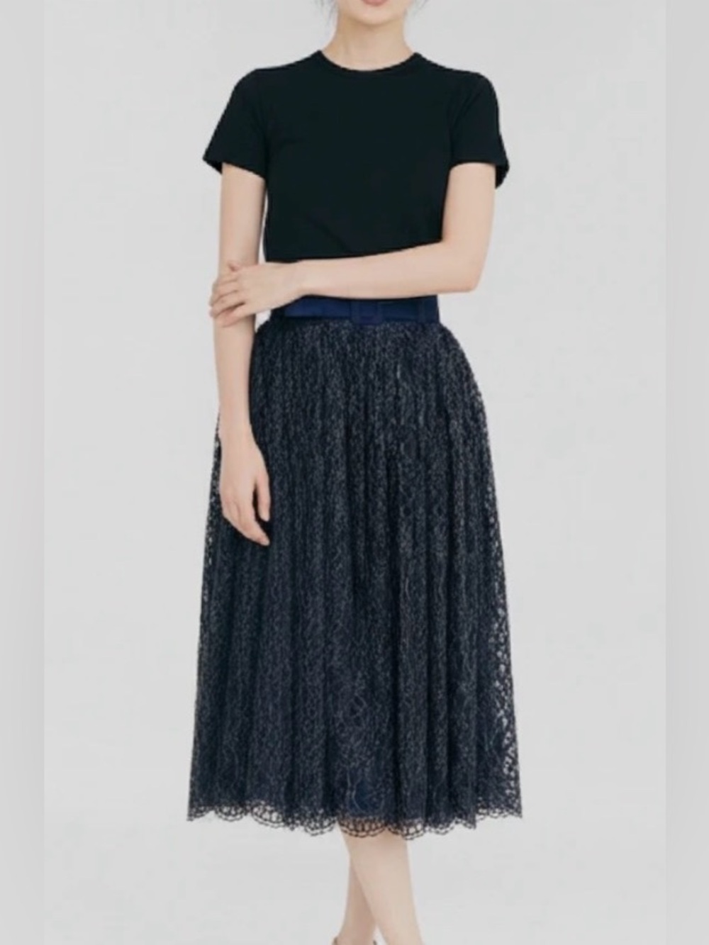 MODCLOTH x  COLLECTIC NAVY BLUE LACE AND SATIN SKIRT